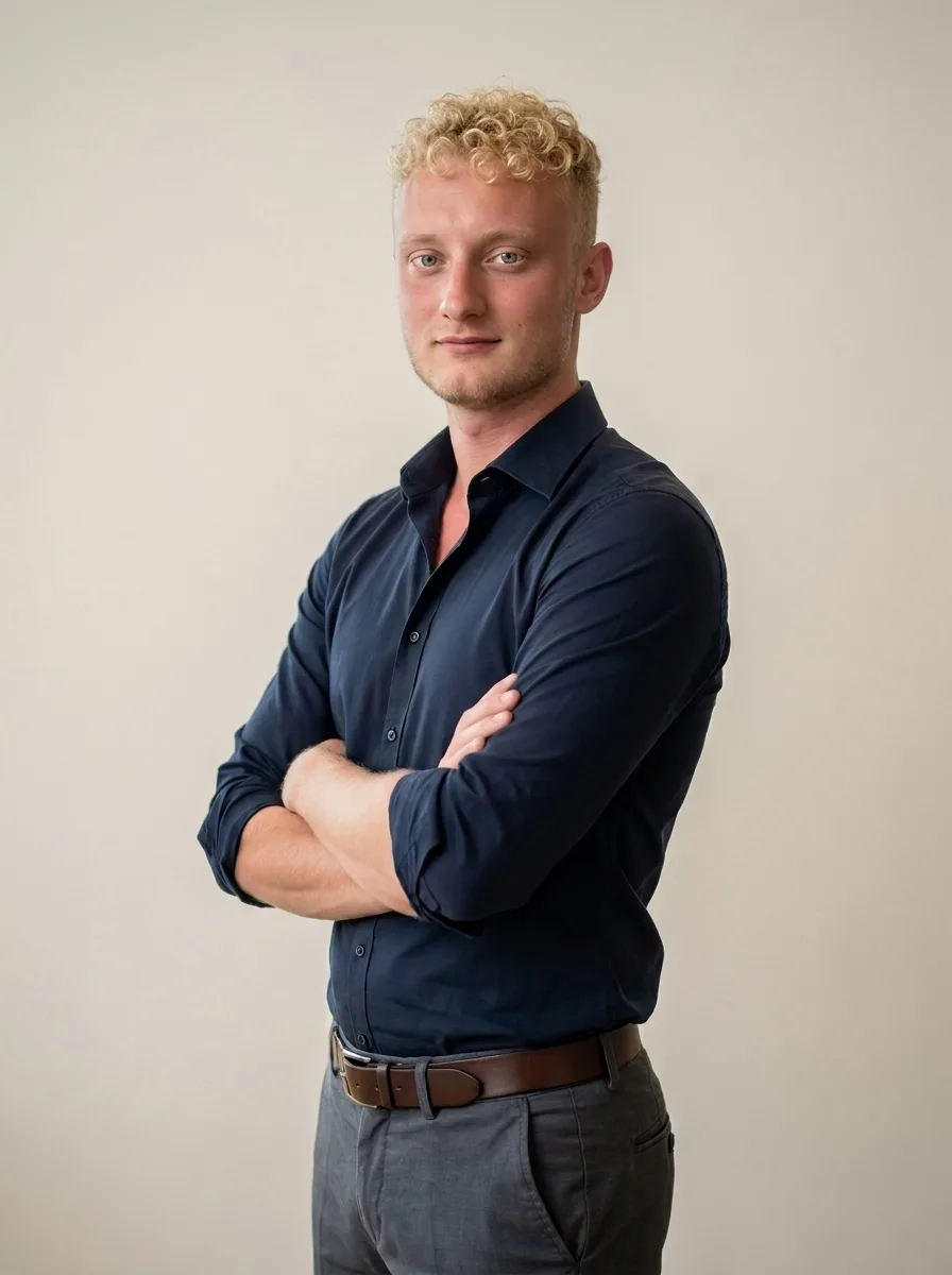 Marius May, Software- und Webentwickler, mit verschränkten Armen im dunkelblauen Hemd vor hellem Hintergrund