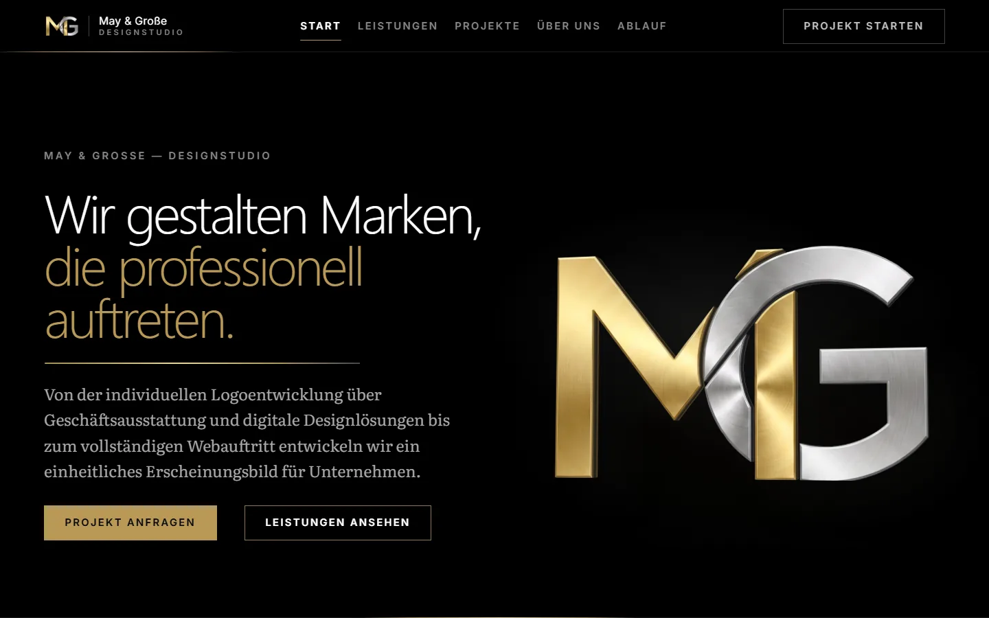 Startseite der Website des May & Große Designstudios aus Mühlau mit goldenem MG-Signet auf schwarzem Grund