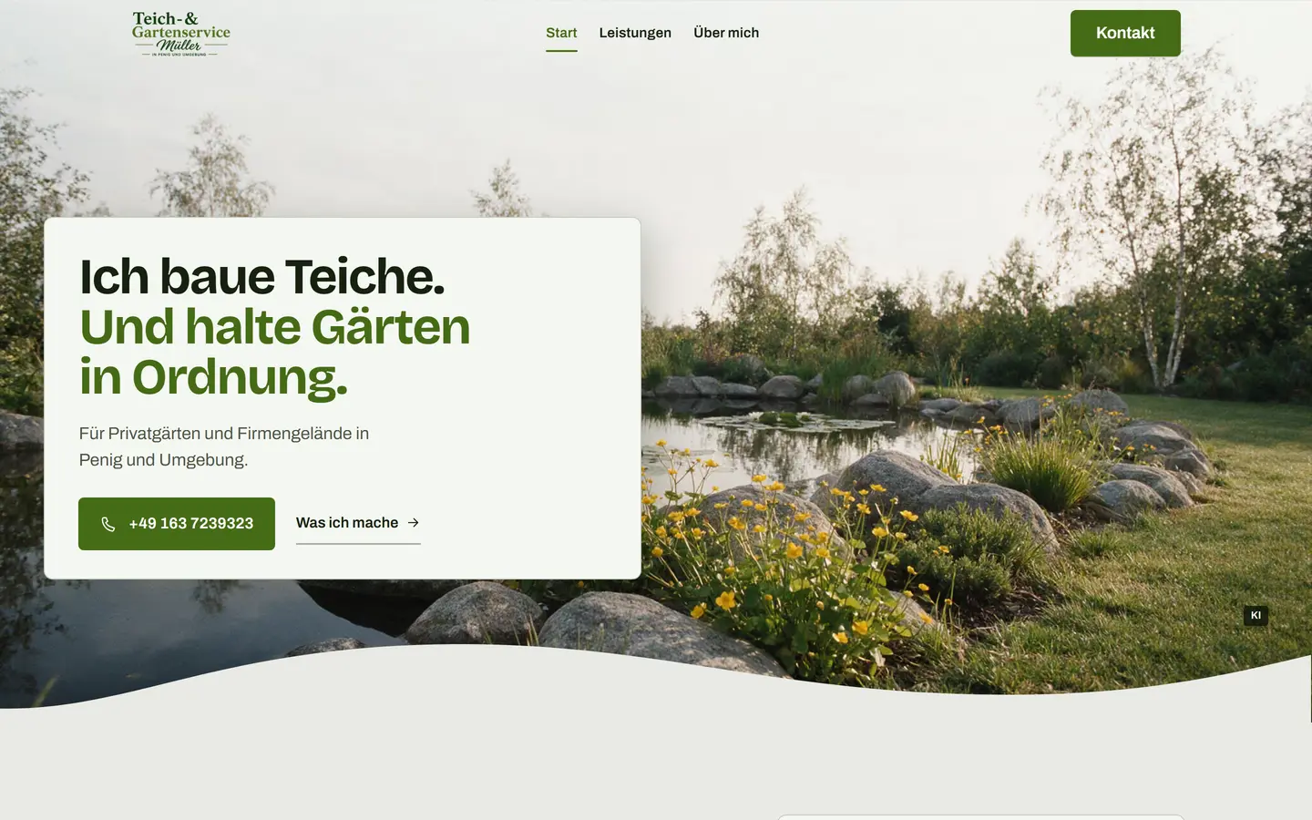 Startseite der Website von Teich- & Gartenservice Müller aus Penig mit Gartenteich im Kopfbereich